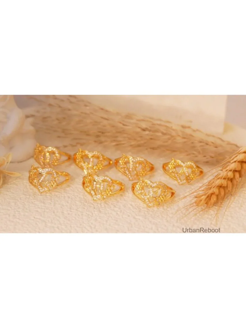 Dainty Initial Gold Plated Heart Cubic Zirconia Ring Stackable Size 6-10